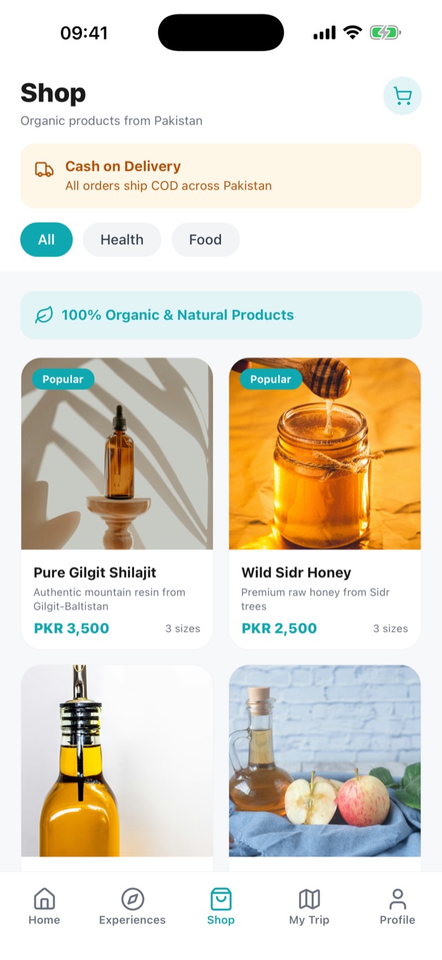 Shop screen with Health and Food products