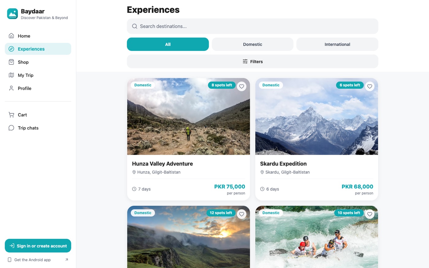 The Baydaar web app showing trips with a sidebar for Home, Experiences, Shop, My Trip and Profile